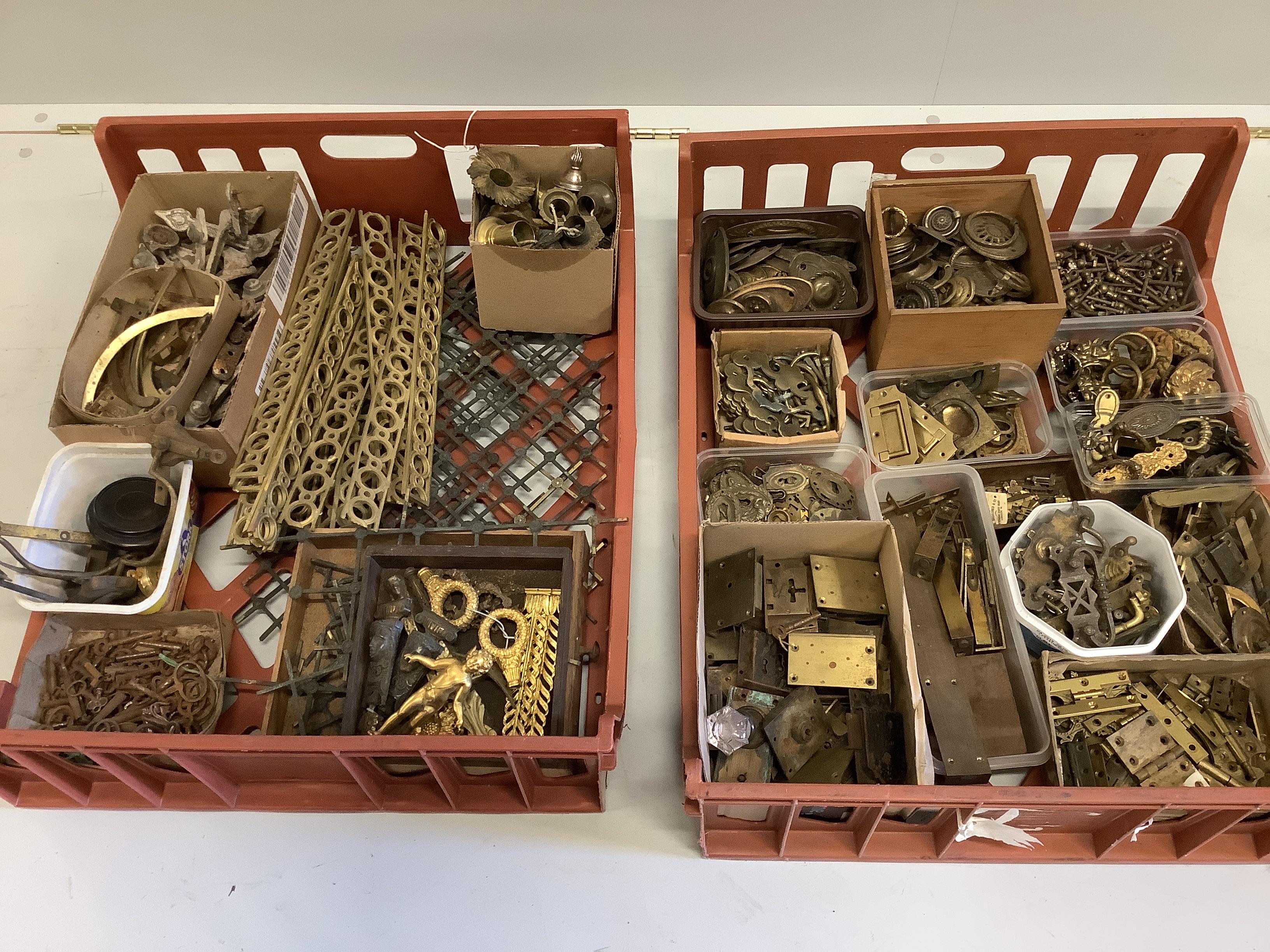 A quantity of assorted furniture mounts, handles locks and fittings, etc.